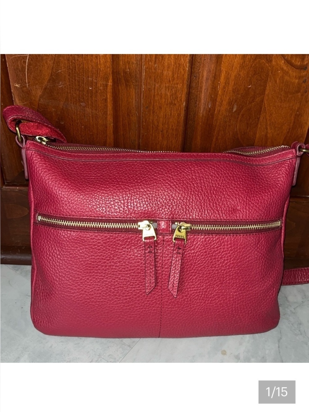 Fossil Crossbody bag shoulder bag Red genuine pebbled leather Card slots EUC